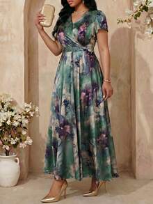Fleurora 大码女士优雅印花连衣裙，夏季婚礼宾客礼服 - 綠色 - 查看 5
