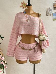 Soleia Women's Vacation Asymmetric Neck Long Sleeve Top And Shorts 2 Pieces Set - Pink - View 7