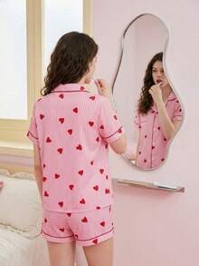 Joivida 2-Piece Pajama Set Short-Sleeved Shorts Striped Heart  Print Casual Women's Home Wear Set - Pink - View 2