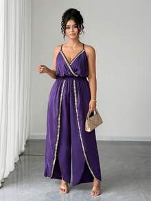 SHEIN Clasi Plus Size Women's Shirred Cinched Waist Ruffle Hem Heart Tie Decor Jumpsuit, Casual Elegant Vacation Outfit Party Dark Purple Summer - Purple - View 6
