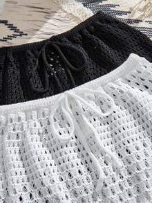 Swim Glamine Solid Color Hollow Knit Cover Up And Skirt 2 Pieces Set Holiday Holiday Vacation Black Summer Boho - Multicolor - View 7