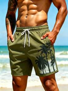 Surfspeed Plus Size Men's Palm Tree Print Drawstring Waist Beach Shorts Holiday / Vacation / Beach / Hawaii / Tropical / Swim /  Bathing - Army Green - View 3
