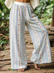 Zayélia Women's Casual Boho Loose Fit Drawstring Hem Wide Leg Pants, Versatile For Autumn Outings Beach Blue White Striped - Blue - View 5