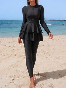 Swim Mulvari Bộ Burkini nữ màu trơn, áo tay dài có khóa kéo, gấu bèo nhún và quần dài, phong cách thường ngày - màu đen - Xem 4