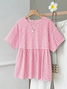 SHEIN EZwear 休閒簡約棉感粉色野餐格紋編織女款襯衫，適合夏季、夏季上衣，適用於日常通勤、約會、聚會、秋冬/夏季、聖誕節、新年、感恩節、派對、婚禮、海灘、畢業典禮、時尚、優雅、休閒、外出、約會、預約、通勤、亮面、情人節 - 粉色 - 查看 6