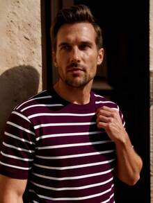 Officeau Loose Lightweight Striped Knit Crew Neck Short Sleeve T-Shirt, Casual Business Slim Fit Men's Summer Cool Tee - Red Violet - View 7