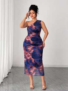 Elenzga Plus Size Mesh Printed Asymmetric Shoulder Dress - Multicolor - View 7