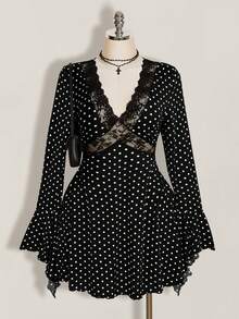 SHEIN ICON 女款大尺碼蕾絲拼接圓點圖案黑色洋裝 - 黑與白 - 查看 2