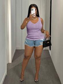Slaydiva Plus Size Women's Casual Basic Tank Top, Deep V-Neck And Fine Ribbed Texture, White - Mauve Purple - View 3