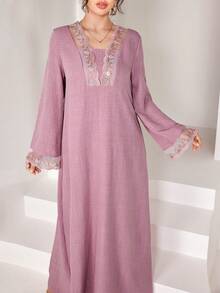 Yasmyna Robe élégante à col en V 2 en 1 avec patchwork de dentelle et manches évasées, printemps/été - Rose bonbon - Voir 7