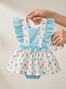 Souflis Souflis 1 chiếc váy bodysuit bé gái dễ thương tay cánh bướm màu trắng họa tiết hoa cầu vồng thỏ kèm nơ, phong cách ngọt ngào mùa hè, dùng cho dã ngoại, chụp ảnh lễ Phục sinh - Nhiều màu - Xem 3