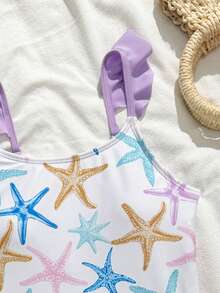 SHEIN Tween Girls' One-Piece Swimsuit, Cute Multi-Color (Pink, Purple, Blue, Yellow) Star Print Knit Fabric, Spaghetti Straps, Solid Purple Ruffle Hem, Regular Fit, Tie Side Skirt, Suitable For Swimming, Summer Vacation, Beach, Pool, Holiday Party - Purple - View 3