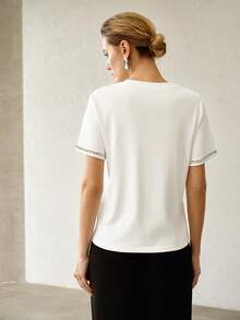 MOTF PREMIUM SUMMER NEW DESIGN BEADED SHORT SLEEVE T-SHIRT FOR WOMEN, WHITE LOOSE CASUAL ROUND NECK SLOUCHY VERSATILE TOP - White - View 4
