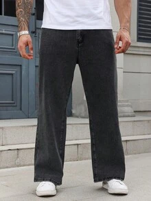 Manfinity Homme Loose Men Cotton Solid Slant Pocket Jeans Holiday Dark Wash Summer Streetwear - Black - View 4