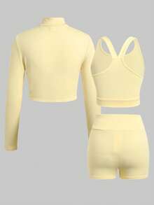 SHEIN Girlism Tween Girl Tween Girl Activewear Set: Cream Knit Long Sleeve Zip-Up Jacket, Vest, And Leggings 3 PiecesOutfit - Yellow - View 2