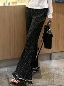 FRIFUL Women's Polka Dot Pattern Frill Trim Wide Leg Pants - Black and White - View 2