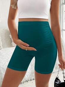 SHEIN Maternity Solid Color Adjustable Waist Casual Versatile Daily Outing Tight Fit Base Shorts - Dusty Blue - View 4