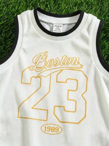 SHEIN 男女嬰兒適用 2件/套 春夏可愛黑色球衣套裝 籃球制服，23號圖案背心針織上衣與運動短褲套裝，春夏男嬰童裝套裝 - 白色 - 查看 5