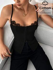 Siren Gaze Tank Top Tanpa Lengan Wanita Elegan dengan Detail Renda Kontras, Minimalis, Serbaguna, Warna Polos, Musim Panas - Hitam - View 7