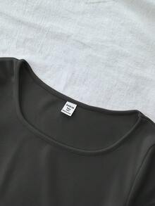 SHEIN 青少年女孩針織素色圓領修身休閒短版短袖T恤 - 深灰色 - 查看 3