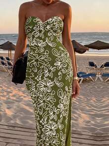 Travachic Fitted Embroidered Waist Midi Bodycon Dress For Women - Olive Green - View 1