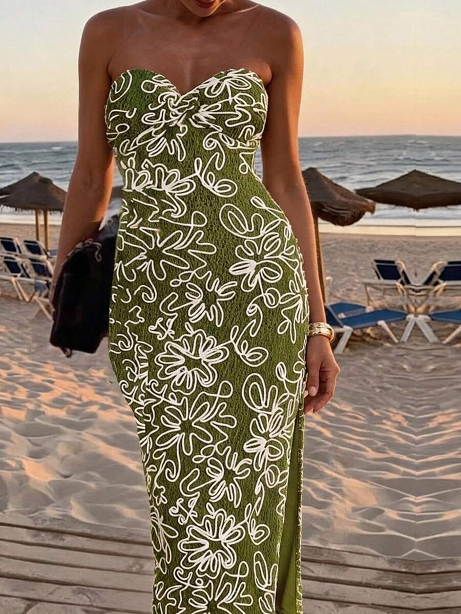 Travachic Fitted Embroidered Waist Midi Bodycon Dress For Women - Olive Green - View 1