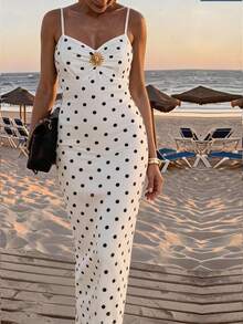 Travachic Women's Summer Fashion Vacation Style White With Black Polka Dots Floral Print Metal Decor Ruched Maxi Slip Dress Vacation French Tropical - White - View 4