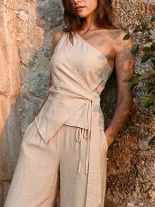 Selianne Women's Spring/Summer One-Shoulder Knot Waist Asymmetrical Hem Solid Color Top And Wide Leg Pants Set, Beach Vacation Casual Elegant Sexy Beige - Apricot - View 2