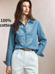 BizChic Áo sơ mi nữ màu xanh có cổ, thêu, mở trước ngực đơn, thanh lịch, thường ngày, đi làm, hẹn hò, Ngày Độc lập, mùa tốt nghiệp, lễ hội âm nhạc, tôn dáng, thanh lịch, đa năng, cao cấp, mùa hè - Màu xanh lam - Xem 5