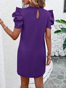 SHEIN Clasi Women's Solid Color Round Neck Short Puff Sleeve Casual Short Dress - Purple - View 2