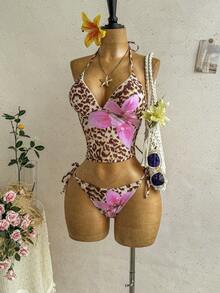 Soleia Set Baju Renang Tankini Wanita Musim Panas Motif Bunga Leopard untuk Pantai - MultiWarna - View 5