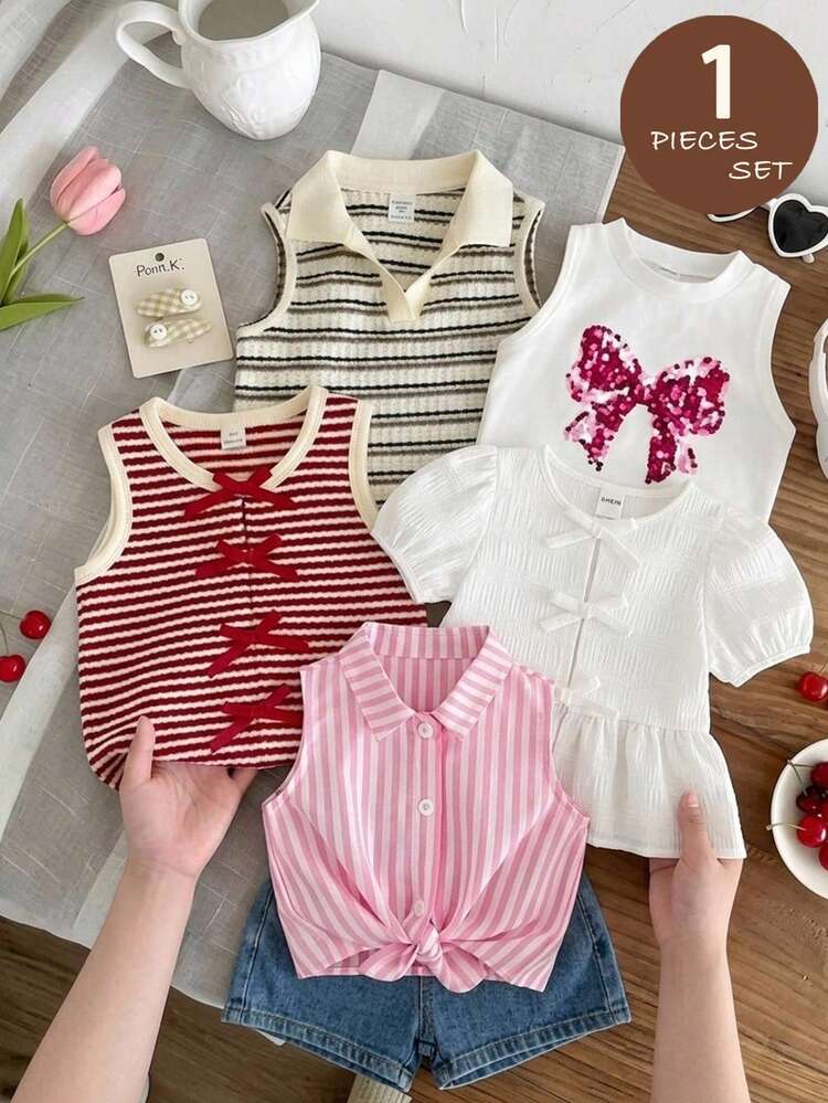 SHEIN 女童纯色圆领花瓣袖修身休闲衬衫 - 白色 - 查看 1
