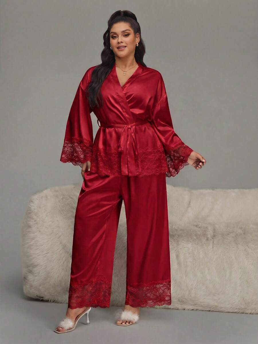 HautHeat Plus Size Button-Up Solid Color Sexy Pajama Set For Spring And Autumn - Burgundy - View 1