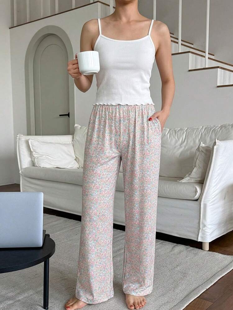 2pcs/Set Women's Solid Color Camisole And Loose Straight Leg Long Pajama Pants, Sweet Ditsy Floral, Summer Sleepwear