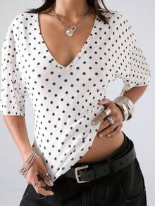 LYSMO 2026 New Arrive Minimalism Spring/Summer Women's V-Neck Polka Dot Ruched Slim Fit Versatile Casual Daily T-Shirt - Black and White - View 8