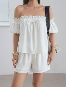 DAZY Conjunto de 2 piezas de blusa romántica con hombros descubiertos, volantes blancos y ribete de oreja de madera, corte holgado para mujer, primavera-verano - Blanco - Ver 6