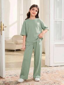 SHEIN 2pcs Tween Girls Solid Color Knit Crew Neck Casual T-Shirt And Leggings Set - Mint Green - View 3