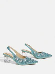 CUCCOO TILAWA Women's Crystal Heel Glass Rhinestone Pointed Toe Blue High Heel Pumps, Suitable For Outings, Banquets, Parties And Other Events - Sky Blue - View 4