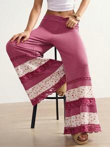 Bohemela Pantalones casuales holgados con estampado floral pequeño y ribete de encaje en contraste para mujer - Rojo - Ver 1