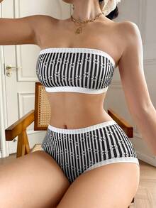 Napfluff 2pcs Comfortable & Elegant Bandeau Bra Set - Black and White - View 5