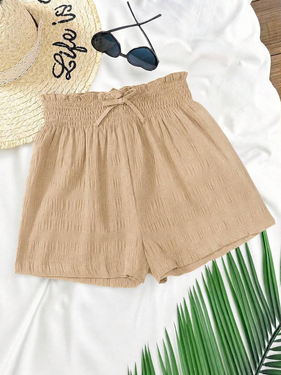 SHEIN Teen Girls Black Woven Textured Jacquard Bubble Check High Waist Shirred Drawstring Loose Vacation Street Holiday Casual Versatile Minimalist Shorts - Khaki - View 1
