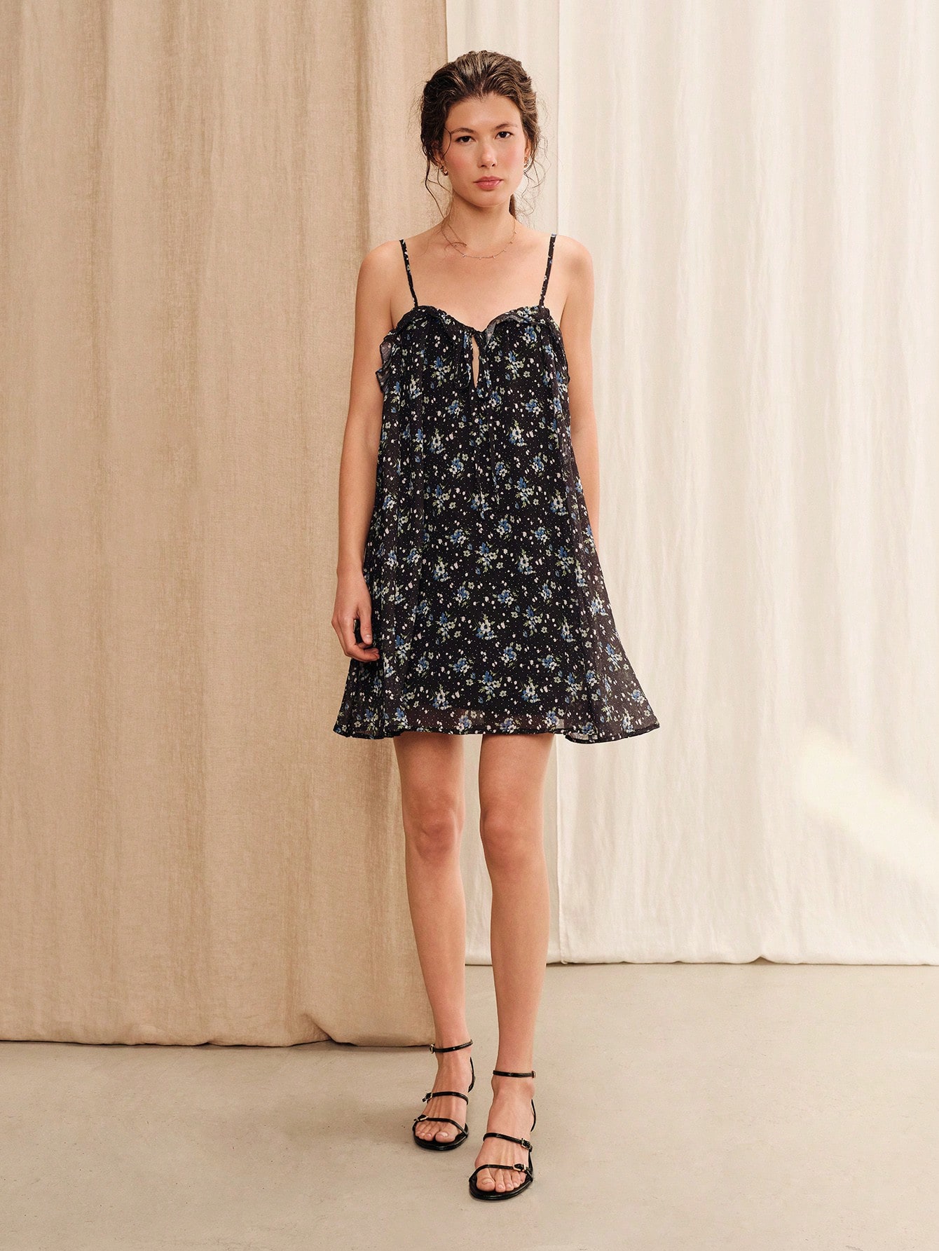 Flowy Bohemian Black Floral Chiffon Mini Dress Cute Summer Holiday Casual French Style Dress