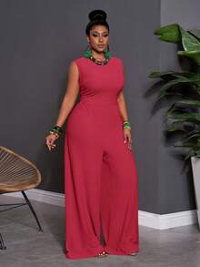 Slaydiva Early Summer Sleeveless Solid Color Plus Size Jumpsuit For Women Evening Pink Elegant - Hot Pink - View 6