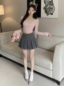 K-Vae Women's Solid Color Casual Pleated A-Line Skirt Back-To-School School Grey Autumn - Grey - View 4