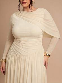 SHEIN BAE Plus Size Women's Coffee Brown Long Sleeve Mesh Knit Asymmetrical Dress - Apricot - View 5