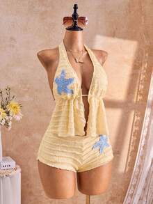 Swim SXY Conjunto de tankini de traje de baño con decoración de estrella de mar, lazo y moño en la parte superior para mujer, de tela especial y estilo casual y dulce - Beis - Ver 4