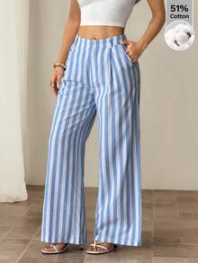 SHEIN PETITE Quần tây kẻ sọc nữ kiểu Hawaii, quần công sở nữ, quần tây công sở nữ, quần mặc nhà thoải mái cho nữ, bộ hai mảnh cho nữ, bộ đồ phối hợp cho nữ mùa thu/đông. - Màu xanh lam - Xem 4