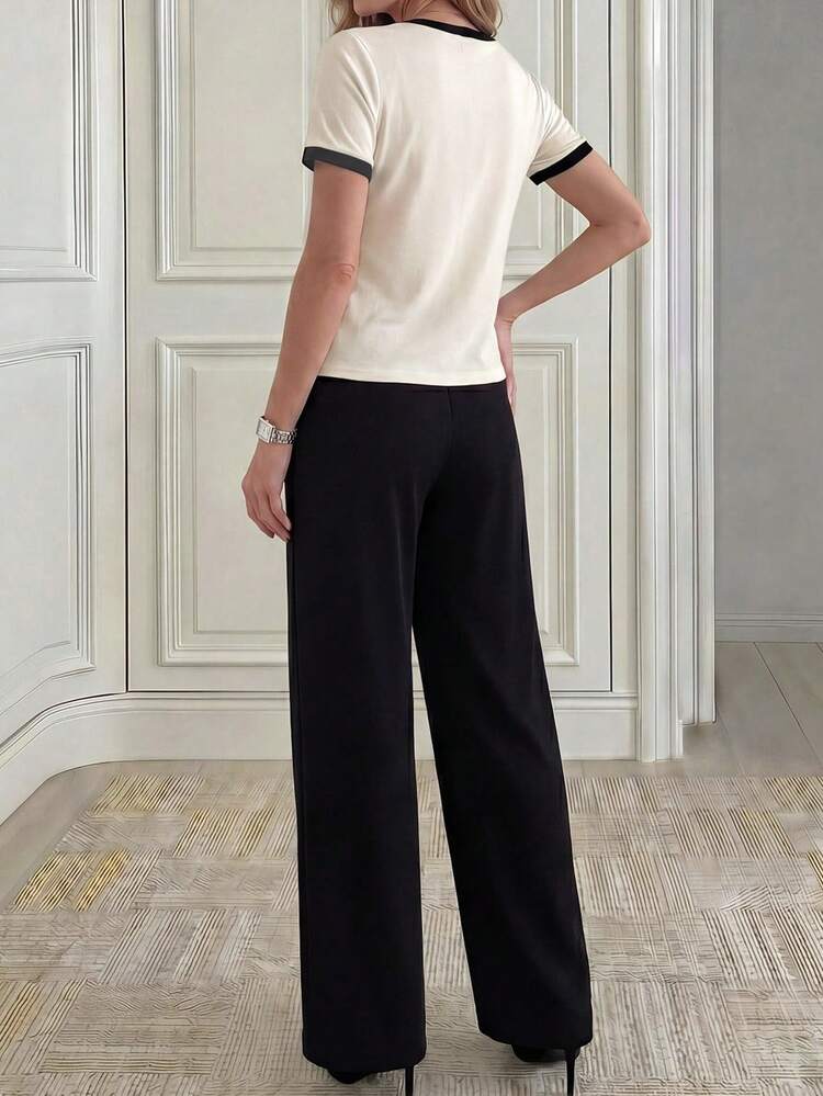 Women's Round Neck Contrast Trim Short Sleeve Top And Pants Casual 2 Pieces Set,Summer Festival Outfits For Women , Set,Elegant Women,Work