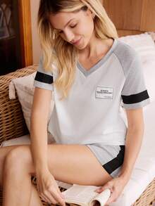 Doze Lane Contrast Color Patchwork V-Neck Women Casual Short Sleeve Shorts Pajama Set - Multicolor - View 1