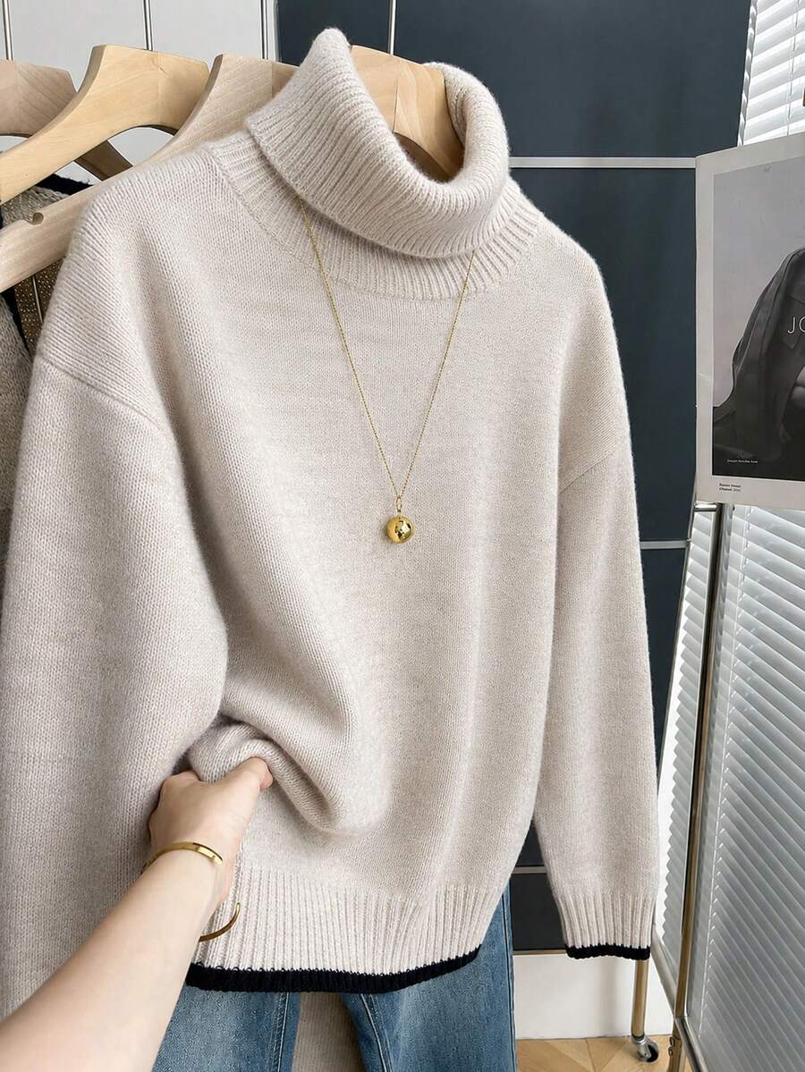 GlowEve CURVE Women's Plus Size Khaki High Neck Contrast Trim Design Long Sleeve Sweater Comfortable Casual - Apricot - View 1